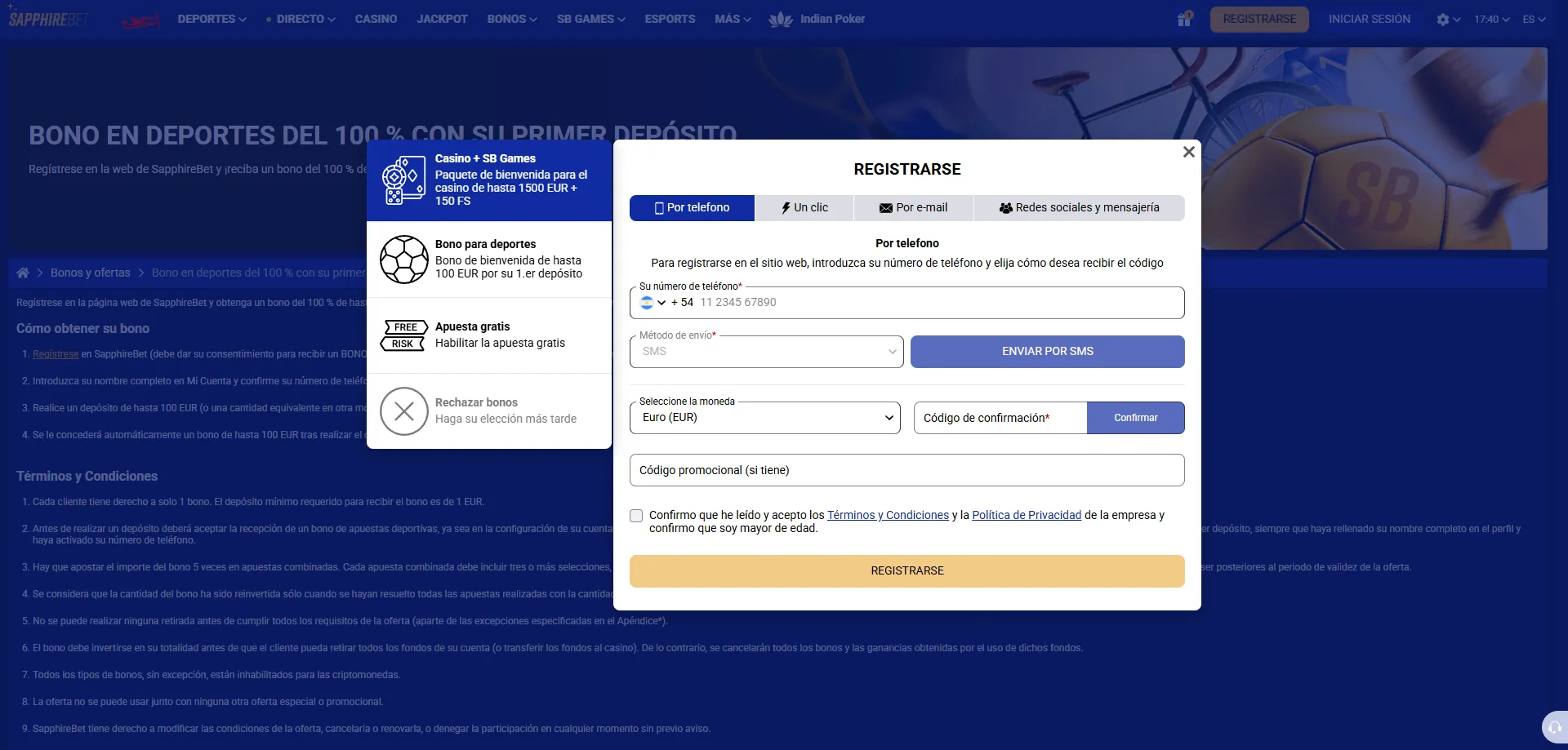 Registro en SapphireBet Per&uacute; &mdash; pasos para reclamar el bono