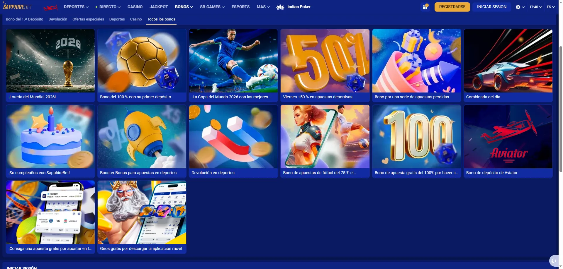 SapphireBet bono de bienvenida casino y deportes Per&uacute; 2026